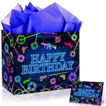 Imagem de JORHANCE Bolsa de presente com etiqueta a laser com papel de seda e cartão de aniversário - Saco grande de papel de embrulho neon para decorações de festa de aniversário com etiqueta a laser
