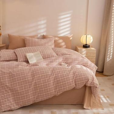 Imagem de EAVD Jogo de cama xadrez xadrez reversível de algodão lavado macio rosa guingão com 2 fronhas capa de edredom quadriculada moderna com zíper para todas as estações