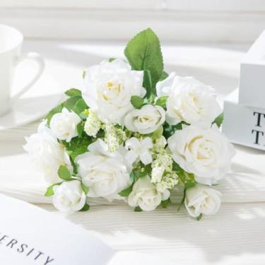 Imagem de Buquê de Rosas Artificiais – Flores de Seda 10 Galhos, 10 Flores, 32cm – Decoração, Arranjos e Centros de Mesa (1 Unidade,Branco)