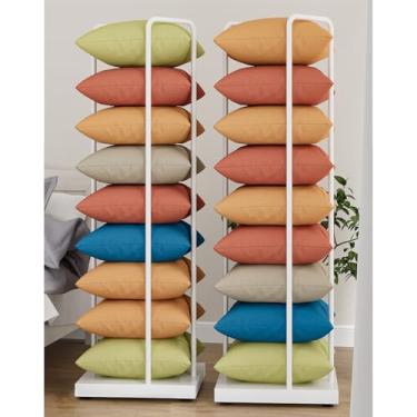 Imagem de Organizador de armazenamento de travesseiro com moldura de ferro resistente, conjunto de 2 prateleiras de exibição que economizam espaço para almofadas e cobertores quadrados/redondos, ideal para