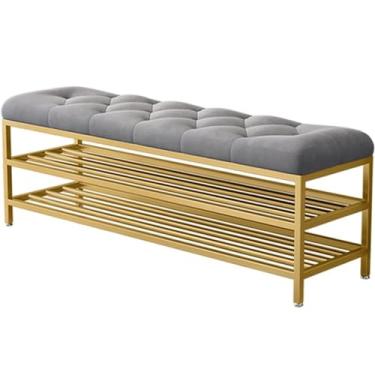 Imagem de Sapateira de entrada de metal, banco de armazenamento de sapatos estofado de luxo de grande capacidade com assento de veludo, banco de sapatos moderno com armazenamento de botas, organizador de banco