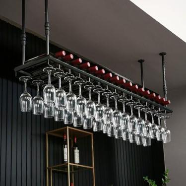Imagem de Rack de metal para pendurar garrafas de vinho para café, prateleira de teto elegante, suportes para pendurar copos de vinho, rack de vinho moderno para exibição de bar, suporte de vidro para garrafa