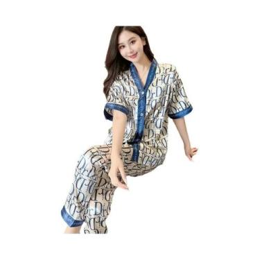 Imagem de Conjunto De Pijama Feminino De Verão Em Seda Gelada, Manga Curta, Caim