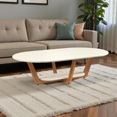 Imagem de Mesa de Centro Oval para Sala de Estar Off White com Dois T Ampos em MDF e MDP 120cm Na...