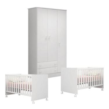 Imagem de Kit Berço Gemeos 1344 Com Rodízios e Guarda Roupa 2617 Linha Doce Sonho Qmovi