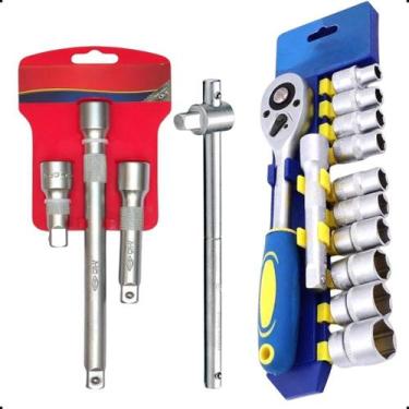 Imagem de Jogo Soquetes Sextavado Catraca Extensao Manual Cabo de Força Cromo Va