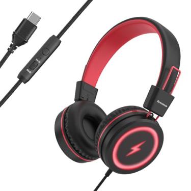 Imagem de Bywulanda Crianças fones de ouvido com luzes LED para a escola, atualizar USB C Kid Headphone com microfone, limitador de volume 85/94dB, fones de ouvido na orelha para meninos/meninas/tablet/viagem