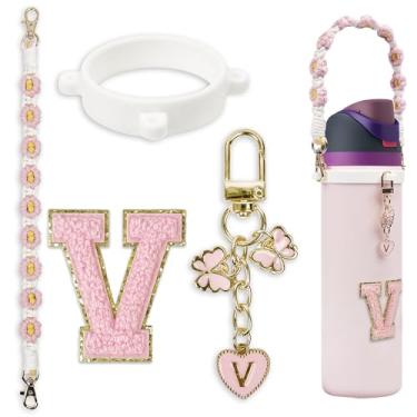 Imagem de SITKOL Lindo conjunto de pingentes de letras para garrafas de água e copos de café Owala 680 g, 947 g, 1,134 g - Inclui alça de alça, compatível com acessórios Owala Free Sip e Stanley Cup (rosa, V)