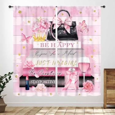 Imagem de Cortinas modernas para quarto de meninas, meninas modernas pretas e rosa revistas listradas flores rosa floral cosméticos românticos janela tratamentos para quarto, sala de estar, café, 2 painéis, 106