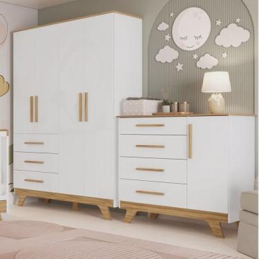 Imagem de Quarto Infantil com Guarda Roupa 4 Portas e Cômoda 1 Porta 100% mdf Kakau Retrô Espresso Móveis