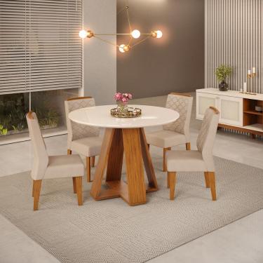 Imagem de Conjunto de Sala de Jantar 4 Cadeiras Lidia Kraft Tampo Redondo Curvo Kiara Freijó Off White dj Móveis