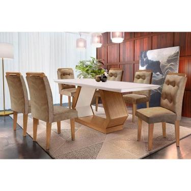 Imagem de Sala De Jantar Completa Alvorada C- Tampo Madeirado Canto Reto 180x90cm E 6 Cadeiras Imperatriz Imbuia-off White - Suede Capuccino - Rufato
