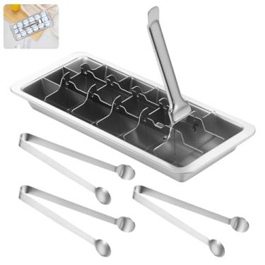 Imagem de Bandeja de cubo de gelo de aço inoxidável para freezer, moldes quadrados de cubos de gelo com 18 compartimentos, bandeja de gelo com alça de metal de fácil liberação com compartimentos removíveis para
