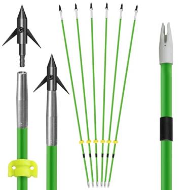 Imagem de oubert 6/12 peças flechas de pesca com arco verde 86.4 cm 8 mm sólido fibra de vidro eixo flechas de pesca com pontas substituíveis flechas de tiro com arco composto arco recurvo pesca e caça (6 peças