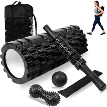 Imagem de Kit de Massagem e Liberação Miofascial 5 em 1, Rolo, Bastão, Faixa de Alongamento, 2 Bolas de Massagem, com Bolsa de Transporte
