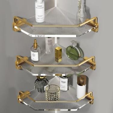 Imagem de Prateleira De Banheiro De Canto Caddy De Chuveiro Acrílico Sem Perfuração Prateleira De Chuveiro De Grande Capacidade Cosméticos Rack De Armazenamento De Xampu Prateleir, Gold, 3 Layer