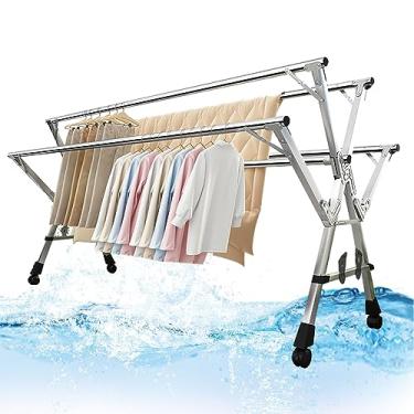 Imagem de CUTPOIY Escorredor de roupas dobrável ao ar livre, rack de roupas resistente com rodas, organizador de suporte de lavanderia, prateleiras de secadora de aço inoxidável para secagem de roupas internas