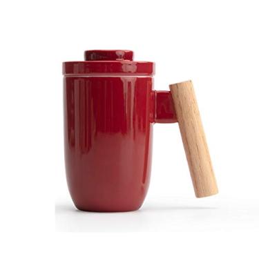 Imagem de Caneca de cerâmica Caneca de cerâmica Caneca de grande capacidade portátil com tampa e filtro copo de café com alça de madeira xícara de chá 300ml Casa e escritório (Cor: Vermelho)