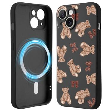 Imagem de Idocolors Capa de ursinho de pelúcia para iPhone 13 de 6,1 polegadas, capa magnética de laço, compatível com MagSafe, capa de telefone de silicone líquido preto macio e sedoso com proteção total da