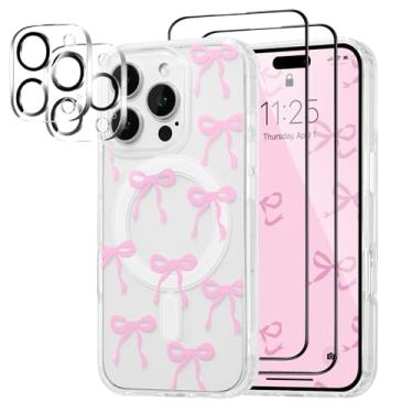 Imagem de UEEBAI Capa magnética para iPhone 15 Pro Max, capa de arco compatível com MagSafe, pacote com 2 [protetor de tela + protetor de lente da câmera], capa protetora transparente sem fio fina para mulheres