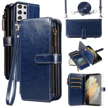 Imagem de Asuwish Capa de celular para Samsung Galaxy S21 Ultra 5G com protetor de tela de vidro temperado e cordão com zíper, porta-cartões, suporte para cartão, acessórios para celular S21ultra 21S S 21
