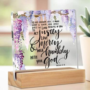 Imagem de Placa de acrílico cristã floral roxa com suporte de madeira, presentes cristãos para mulheres, decorações de mesa motivacionais, presentes inspiradores para mulheres, homens, amigos, colegas de