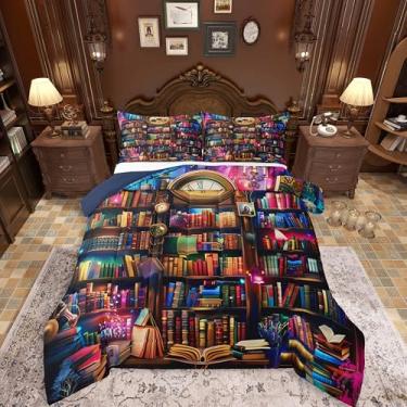 Imagem de Homewish Conjunto de cama queen com livros 3D, estilo mágico, misterioso, sonhador, para crianças, adolescentes, adultos, biblioteca, livros, decoração retrô, estilo ocidental, edredom acolchoado com