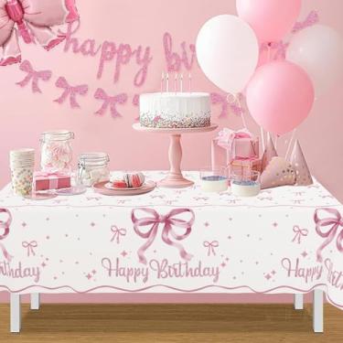 Imagem de 1 pacote de toalha de mesa com laço, toalha de mesa rosa e branca, decoração de feliz aniversário, toalha de mesa retangular para meninas, aniversário, casamento, chá de bebê, artigos de festa
