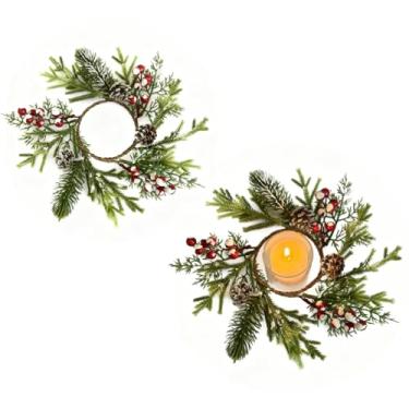 Imagem de 2 peças de guirlanda de vela de Natal artesanal com pinhas e frutas vermelhas – decoração de férias de uso duplo para porta, parede, mesa e lareira