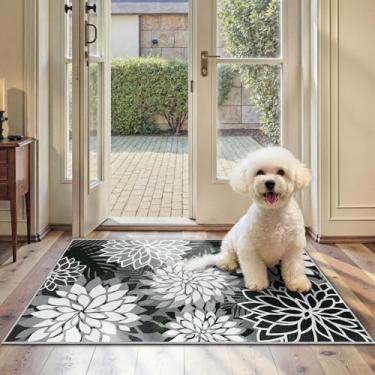 Imagem de Tapete de área 2x3 preto branco lavável entrada pequeno tapete multicolorido tropical botânico moderno floral interior cozinha tapete de entrada antiderrapante para quarto sala de estar, varanda