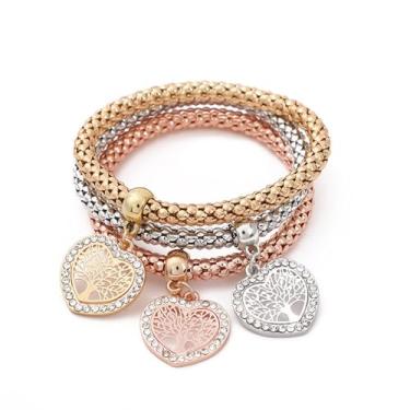Imagem de Pulseiras multicamadas - 3 peças de ouro prata ouro rosa ouro milho pulseira feminina árvore da vida pulseira elástica em forma de coração, Medium, Liga metálica, Sem Pedra Preciosa