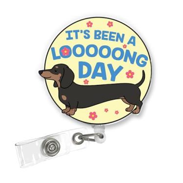 Imagem de ULTRAVUTT Carretel de crachá engraçado Dachshund – Porta-identidade retrátil "It's Been a Looong Day" com clipe jacaré, design de cachorro fofo para enfermeiras, professores, assistentes médicos e