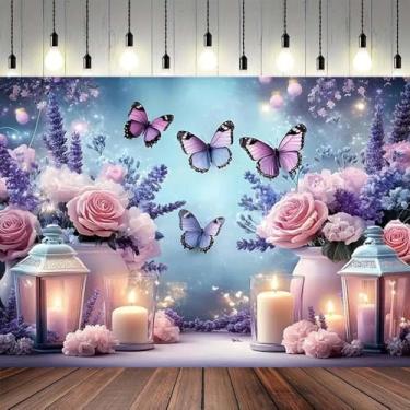 Imagem de Fundo fotográfico de borboleta roxa com flores rosa, fundo floral, mundo dos sonhos, cenário de parede de borboleta, princesa, recém nascido, chá de panela, decoração de festa de primeiro aniversário