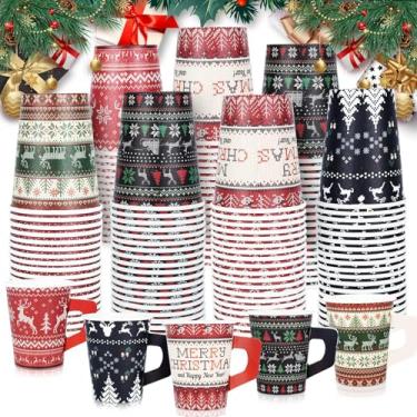 Imagem de 100 peças de copos de papel descartáveis de Natal de 255 g com alças de Natal com padrão de suéter feio xícara de café para bebidas quentes e frias, chá, bebidas, café expresso, chocolate, cacau