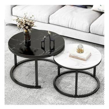 Imagem de HGTRH Mesas redondas modernas, conjunto de 2 mesas de centro com moldura de aço empilhável, padrão de mármore HDF que economiza espaço para sala de estar, quarto, espaço pequeno A