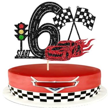 Imagem de 1 pacote de topo de bolo de carro de corrida 6º aniversário glitter semáforo bandeira de carro de corrida palheta de bolo para tema de corrida chá de bebê crianças meninos meninas 6º aniversário