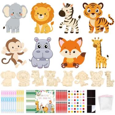 Imagem de Bafeil 24 Set Safari Party Favors Jungle Animal Wooden Painting Crafts Kit with Bubble Wands - Wild Zoo Birthday Decorations Party Supplies, Goodie Bag Stuffers Gifts Classroom Prizes Pinata Filler