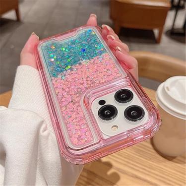 Imagem de HTVJFX Capa protetora transparente com glitter gradiente 3 em 1 para iPhone 14, resistente a choques (para iPhone 14/rosa e azul)