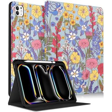 Imagem de Wazzasoft for iPad Pro 13 Inch Case M5 2025/M4 2024 - Women Girls Cute Smart Folio Cover (Auto Wake/Sleep) with Build-in Pencil Holder for Apple Tablet Soft TPU Protective Cover,Line Floral