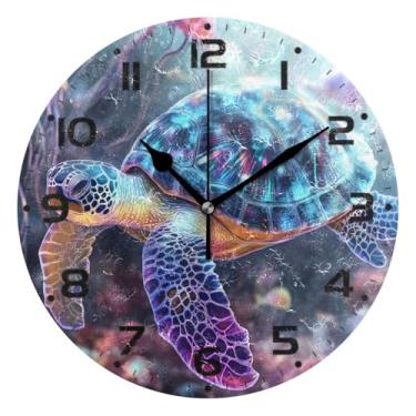 Imagem de JUZIHAI Relógio de parede colorido, água-viva, tartaruga, silencioso, sem tique-taque, redondo, operado por bateria, fácil de ler, relógio decorativo de parede para casa, cozinha, sala de estar