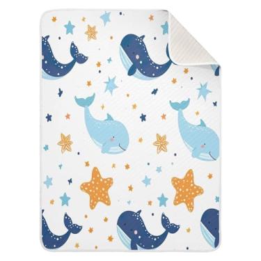 Imagem de Qilmy Cobertor de bebê de baleias e estrelas 76 x 101 cm, cobertor infantil de algodão macio para meninos e meninas, cobertor leve e quente para bebês de berço, carrinho de bebê, soneca, recém-nascido