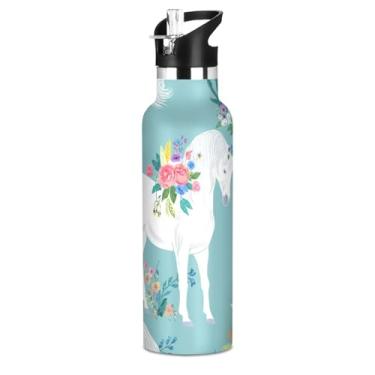 Imagem de TSENQUE White Horses Garrafa de água infantil turquesa floral 600 ml de aço inoxidável com isolamento de parede dupla