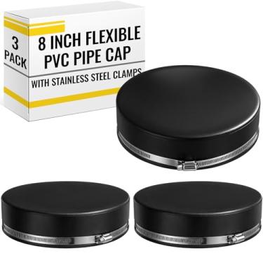 Imagem de Maasechs Pacote com 3 tampas de tubo de PVC flexíveis de 20 cm com grampos de aço inoxidável - tampas pretas duráveis para drenagem, águas residuais e tubos de ventilação, uso acima/abaixo do solo