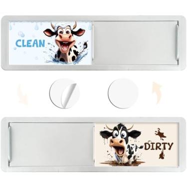 Imagem de Ímã de lava-louças Placa suja limpa - cosmisun Ímã engraçado de vaca limpa e suja para máquina de lavar louça, desenho animado, vacas, aço inoxidável, máquina de lavar louça, indicador magnético flip