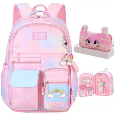 Imagem de Mochila escolar infantil kistou arco-íris com estojo de pelúcia, oxford impermeável, grande capacidade, rosa e roxa