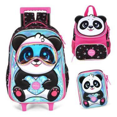 Imagem de Kit Mochila Rodinhas Infantil Panda Gatinho Original Up4you -, Pink