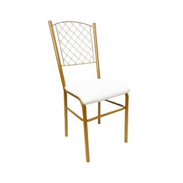 Imagem de Cadeira para Cozinha reforçada cor Dourado Fosco assento branco encosto de grade