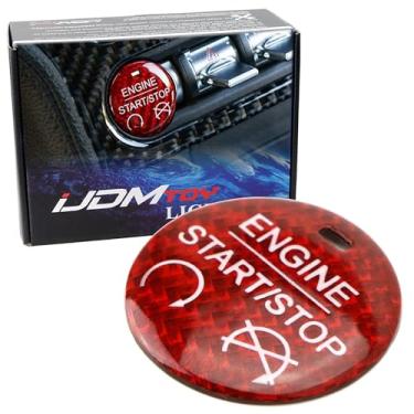 Imagem de iJDMTOY Shelby Style Capa de botão de arranque/parada do motor vermelho brilhante fibra de carbono real sem chave compatível com Ford Mustang 2015-2022