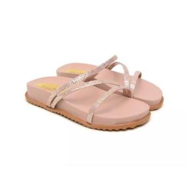 Imagem de Sandália Papete com Tiras Brilho Rasteira Tratorada Feminino-Feminino