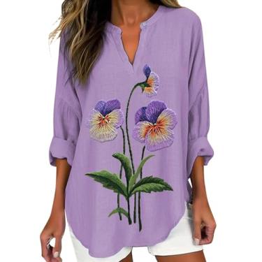Imagem de Camisetas femininas Alzheimers Awareness de linho, gola V, manga enrolada, blusa com estampa de flores roxas, Roxo claro, GG